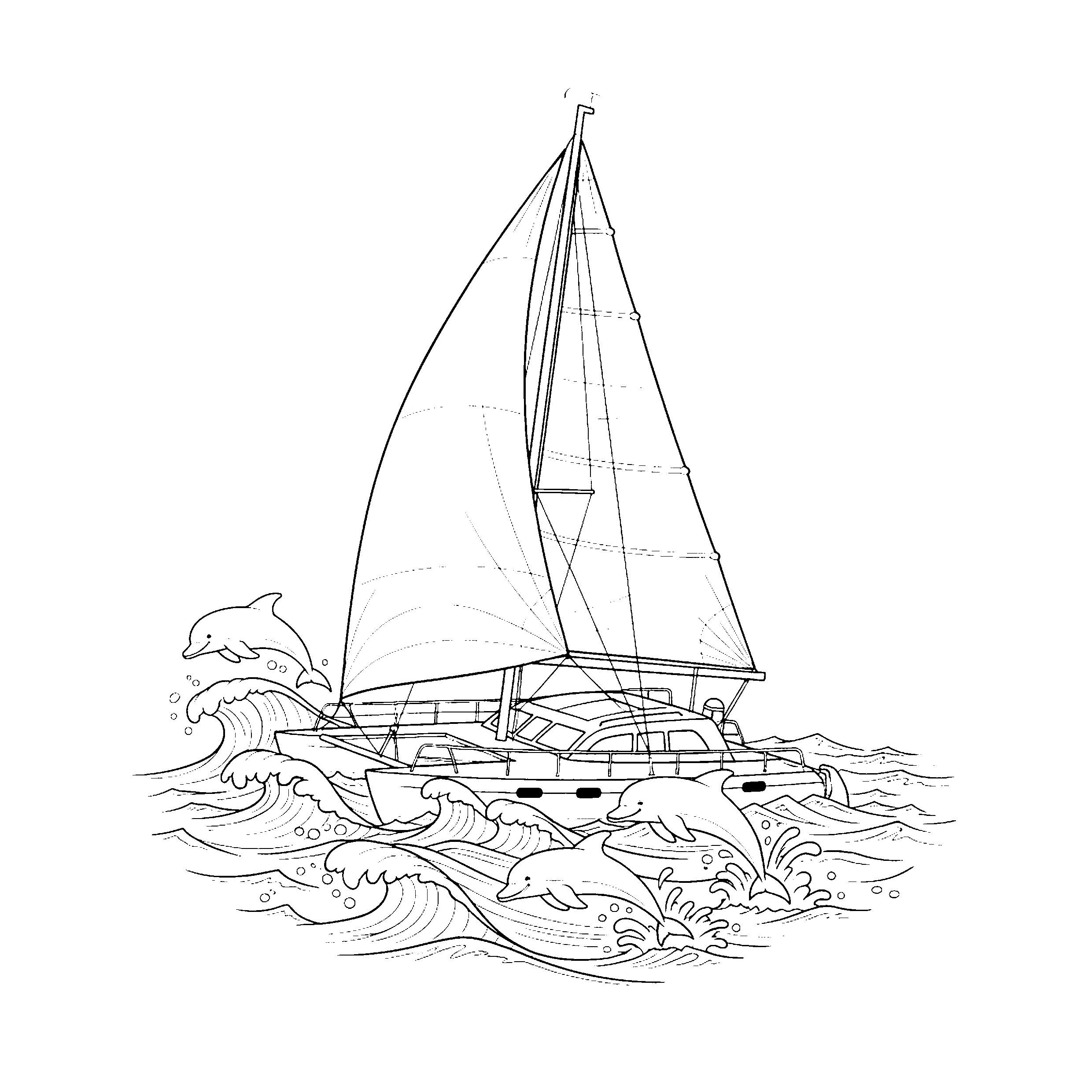 Catamaran et dauphins