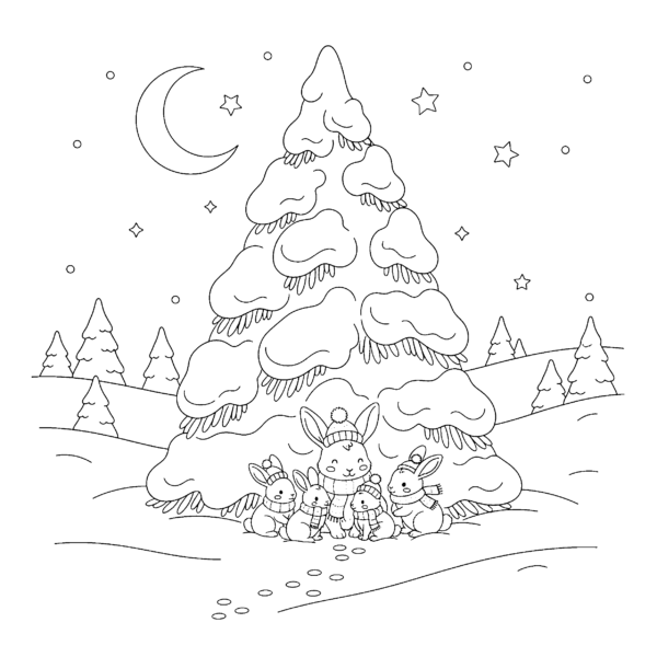 Sapin enneigé et lapins